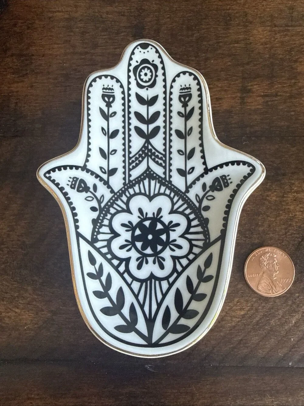 Hamsa Hand Trinket Dish Jewelry Ring Holder Black White Ceramic Tray